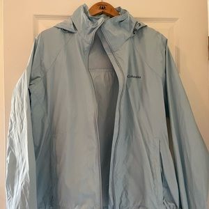 Light blue Columbia rain jacket with hood